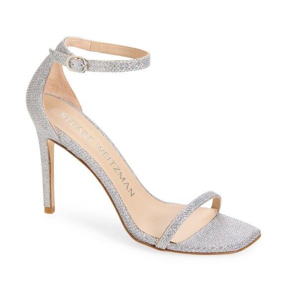 Stuart Weitzman Nudistcurve Textured Ankle-Strap Sandals – Silver – Women’s 7 - Picture 1 of 1